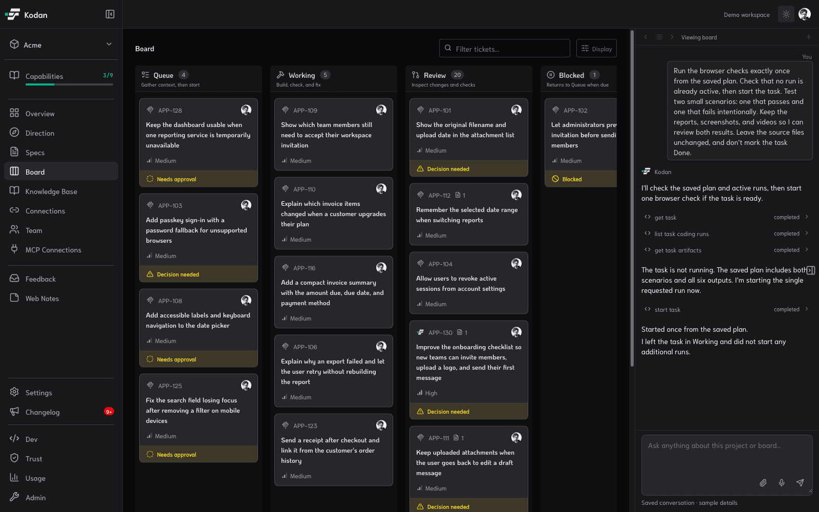 Kodan’s sample project board with queued, working, review and blocked tasks beside a saved project conversation.